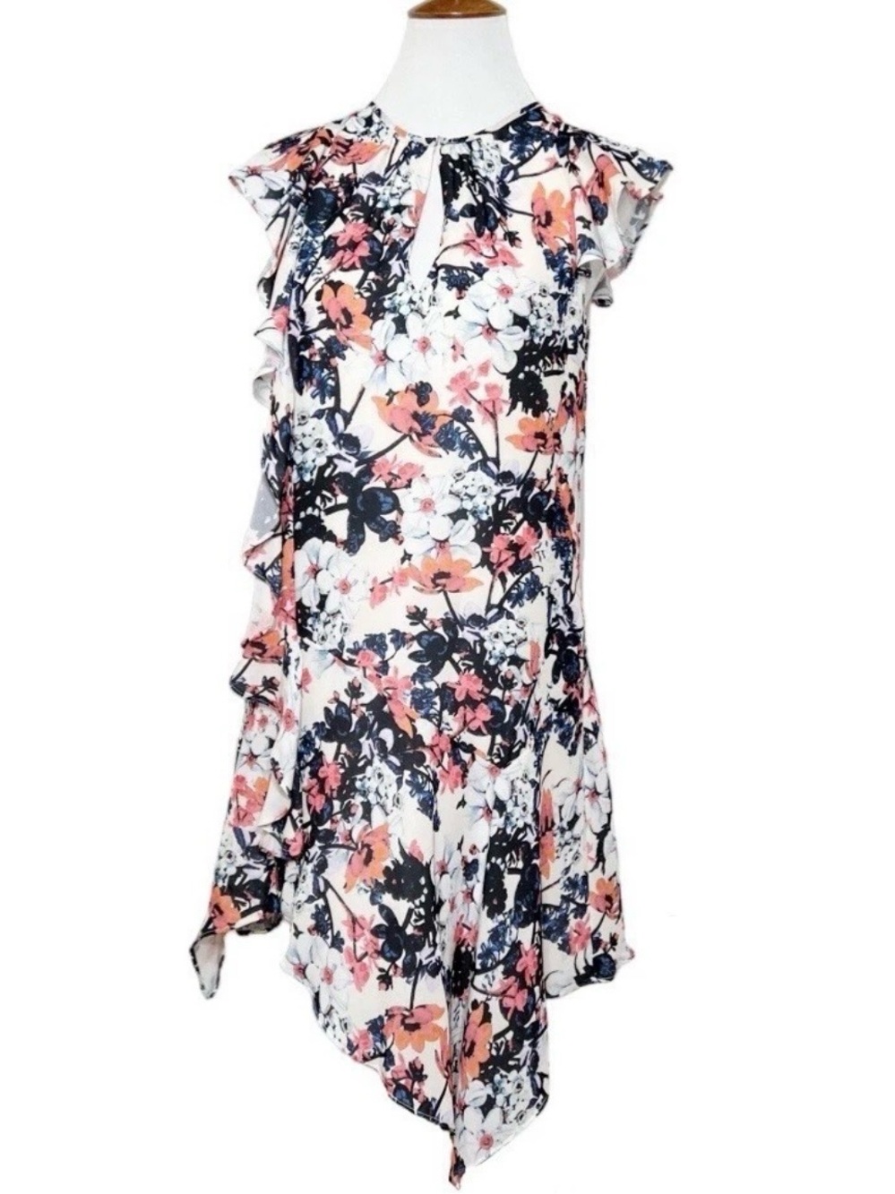 Parker Asymmetrical Ruffled White Colorful Floral Print Sleeveless Dress S